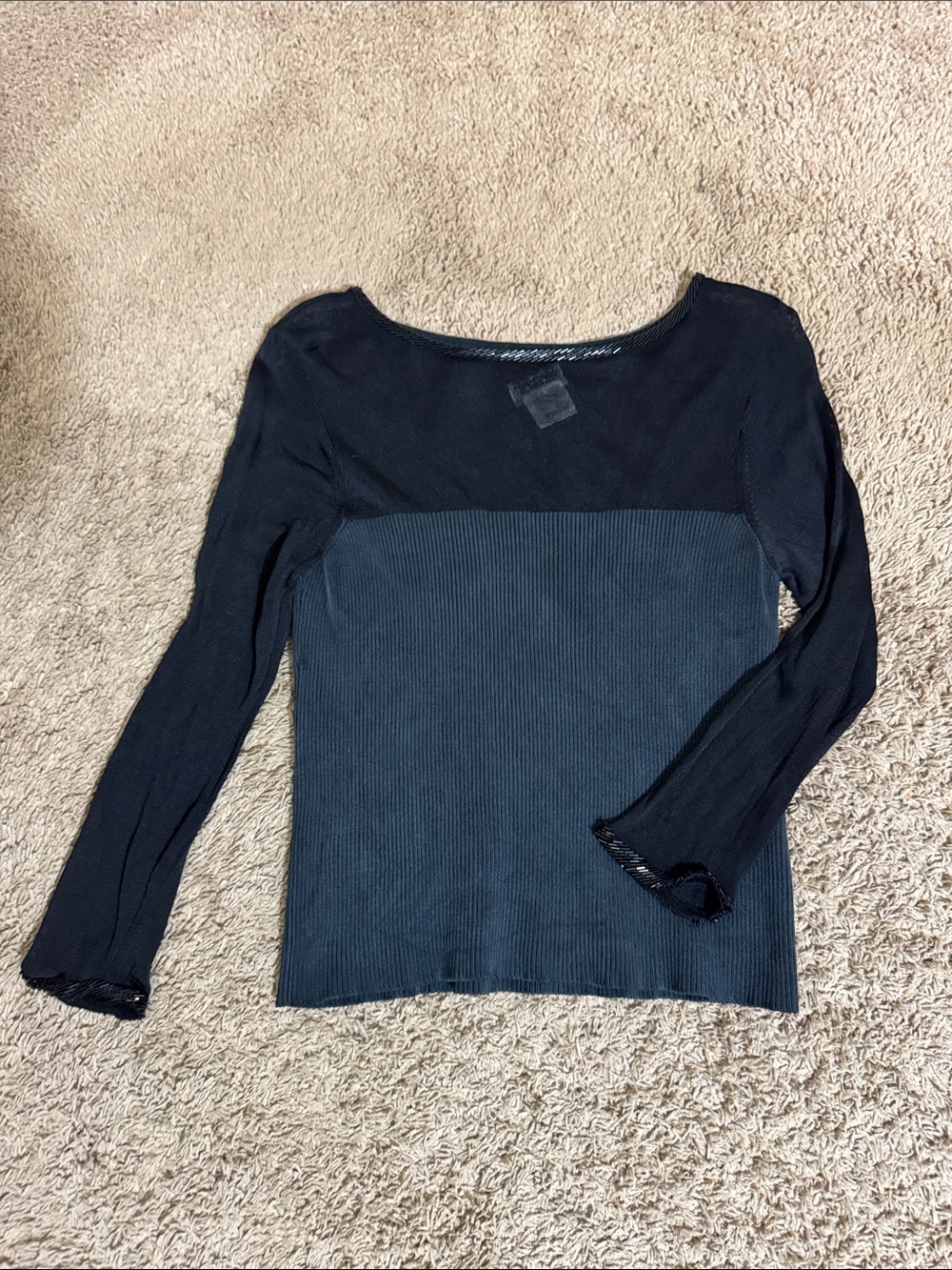 VTG Chetta B Evening Rib Knit Silk Blend Top Sheer Panel Beaded Trim S Goth Chic